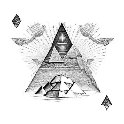 An intricate blackwork tattoo of an Egyptian pyramid with a hidden Hebrew symbol representing God, surrounded by rays of light to symbolize your faith and love for your family. tattoo design idea