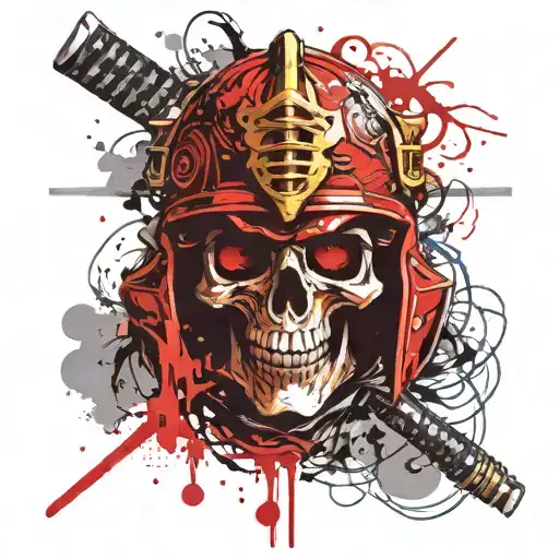 skull with traditional samurai kabuto helmet , with few missing teeth  tattoo design idea