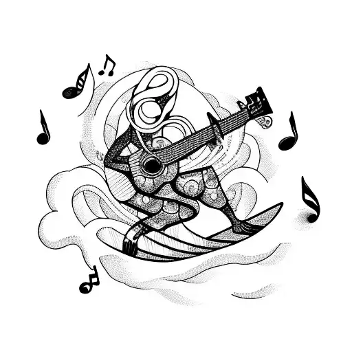 surfing a wave on musical notes surrounded by love and trying to break free from the mundanity of life,all single line tattoo design idea