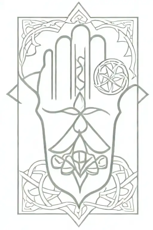 A hamsa hand intertwined with intricate Celtic knotwork and father/daughter symbols tattoo design idea