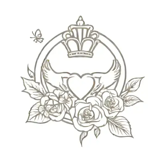 A claddagh ring design with elements of nature like flowers and butterflies tattoo design idea