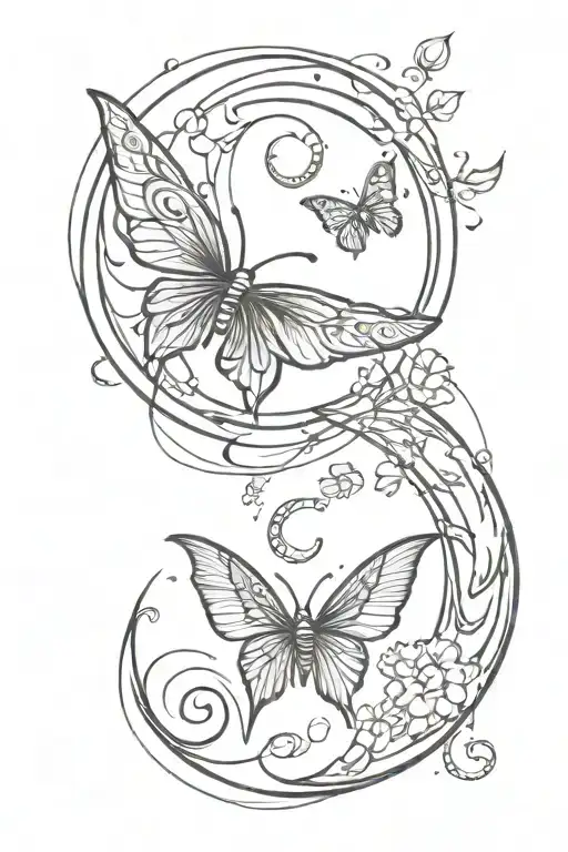 An abstract sketch of a moon and sun merging together with butterfly wings and peace symbols, representing the client's journey of healing and finding inner peace tattoo design idea