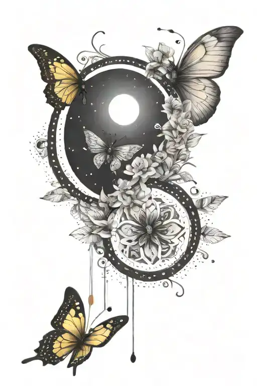 vertical spine tattoo design combining phases of the moon, butterfly, bumblebee, and mandala  tattoo design idea