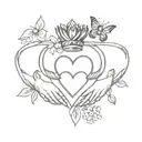 A claddagh ring design with elements of nature like flowers and butterflies tattoo design idea