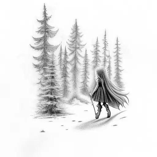 gothic little red ridinghood forest scene in memorial with big bad wolf tattoo design idea