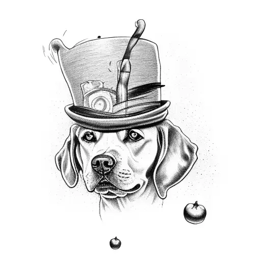 black Labrador face with mad hatter's hat, Tim Burton style  tattoo design idea