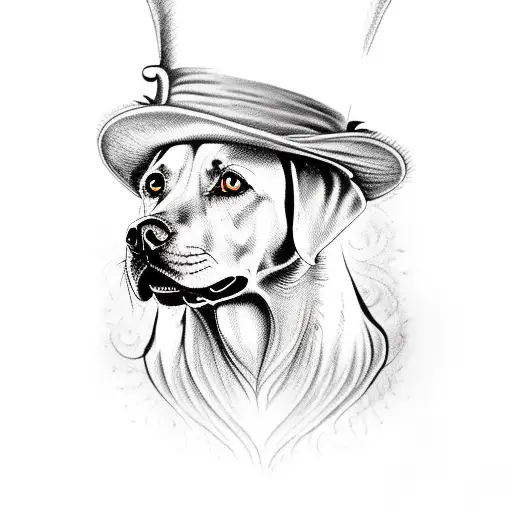 black Labrador face with mad hatter's hat, Tim Burton style  tattoo design idea
