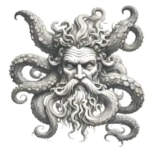 face of poseidon realism with octopus, long tentacles, some bone showing  tattoo design idea