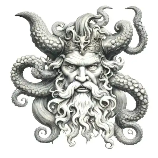 face of poseidon realism with octopus tattoo design idea