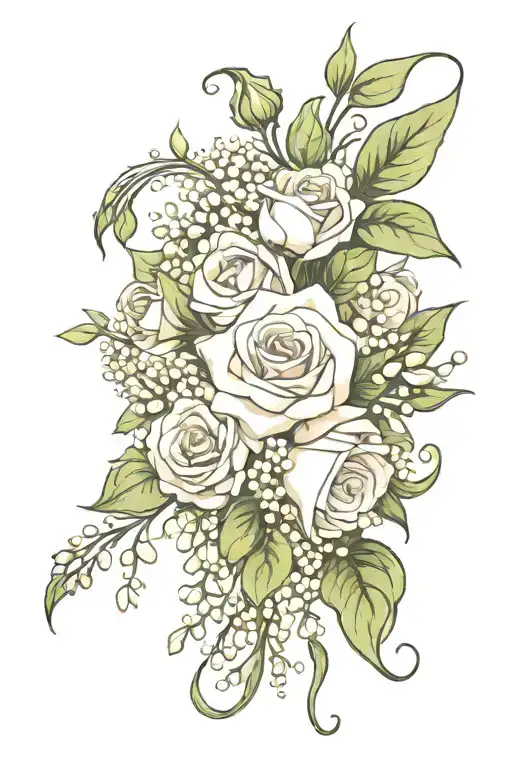 rose and Lily of the valley bouquet with sun, moon and Gemini symbol  tattoo design idea