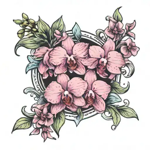 Roman numerals of 8 august 2024 surrounded by orchids  tattoo design idea