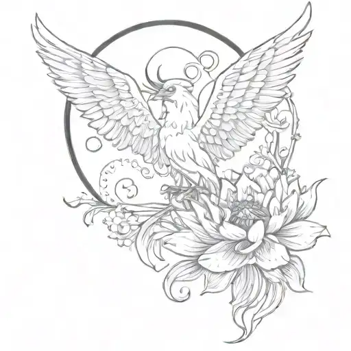 pheonix and lotus and moon and Sun  tattoo design idea