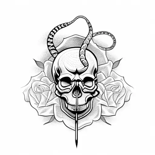 Skull roses snake knife tattoo design idea