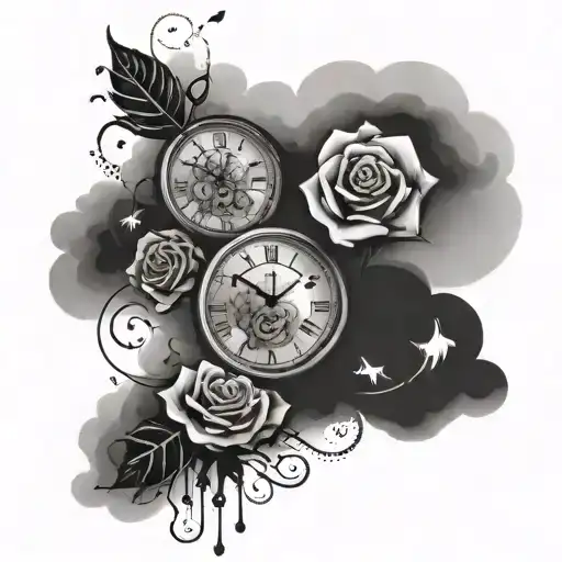 clocks in clouds in the sky set to 06:01:19 include roses with water droplets  tattoo design idea