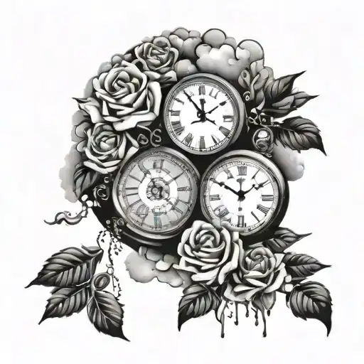 clocks in clouds in the sky set to 06:01:19 include roses with water droplets  tattoo design idea