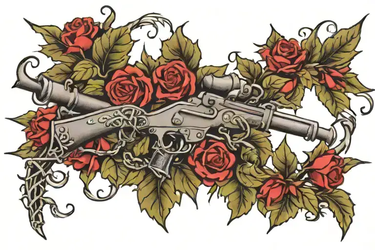 tramp stamp lines are vines with thorns with a Frf2 rifle wrapped around it and the other vines have a old dog tag tattoo design idea