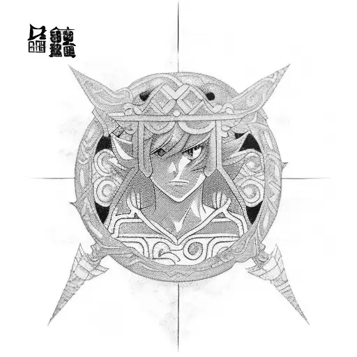 An anime-inspired sleeve tattoo depicting scenes of loyalty and justice with a touch of blackwork tattoo design idea