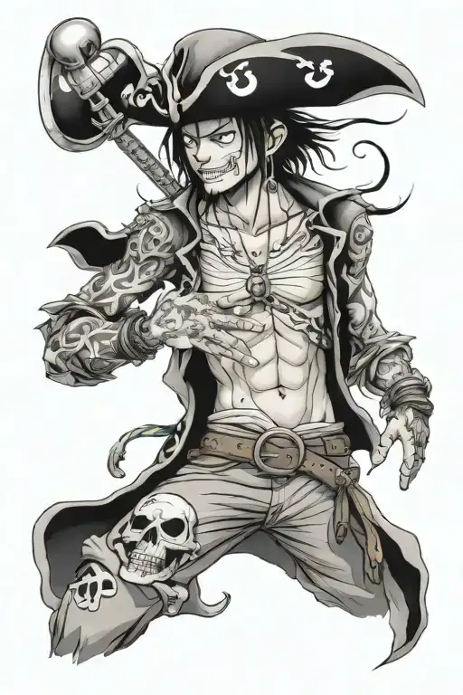 full sleeve black and grey one piece pirate tattoo. brook standing on laboon. trafalgar law with chopper.   tattoo design idea