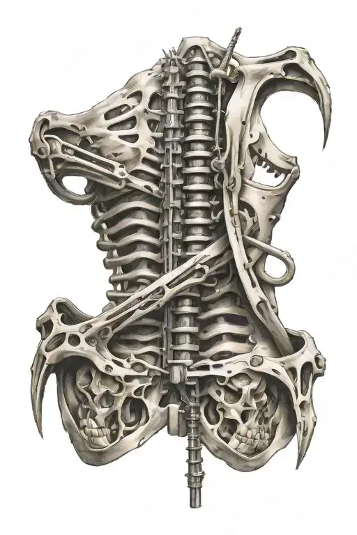 A zipper on the back showing muscles and bones with rods and screws following arthrodesis tattoo design idea