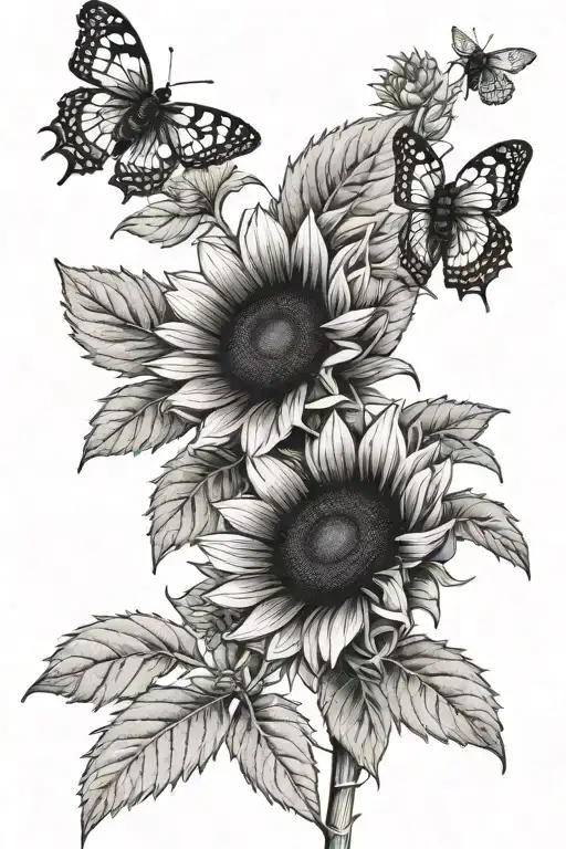 three black sunflowers with a tiny bee perched tattoo design idea