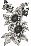 three black sunflowers with a tiny bee perched tattoo design idea