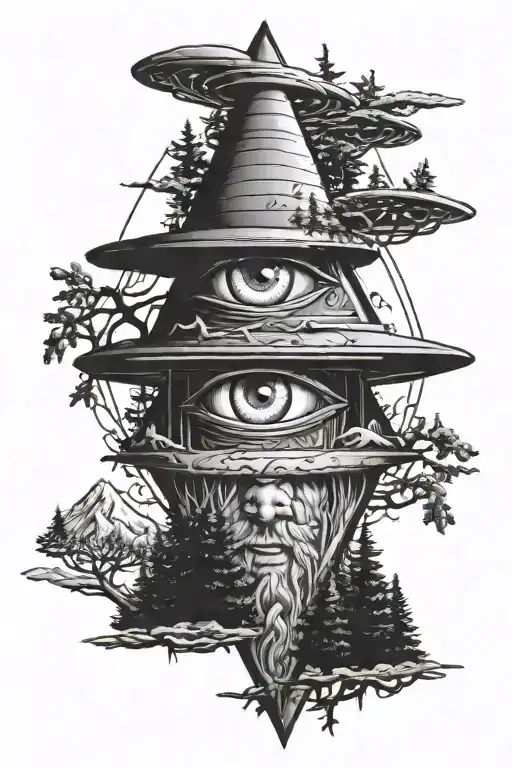 Illuminati eye surrounded by trees and a ufo abducting Bigfoot  tattoo design idea