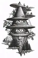 Illuminati eye surrounded by trees and a ufo abducting Bigfoot  tattoo design idea