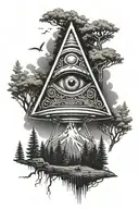 Illuminati eye surrounded by trees and a ufo abducting Bigfoot  tattoo design idea
