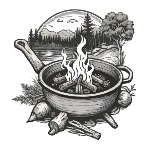 A cozy campfire scene with a pot of stew cooking over the flames surrounded by nature elements tattoo design idea