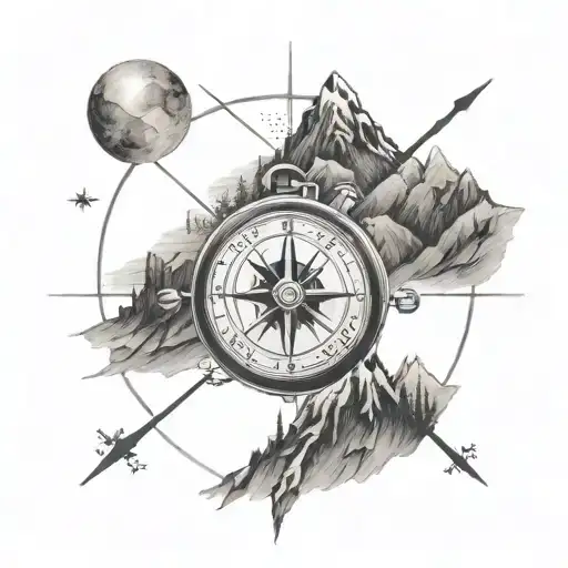 A detailed tattoo of a compass surrounded by hiking trails and mountains tattoo design idea
