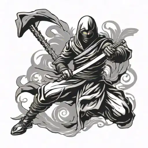 Ninja coming out of smoke slicing with a katana sword tattoo design idea