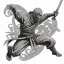 Ninja coming out of smoke slicing with a katana sword tattoo design idea