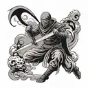 Ninja coming out of smoke slicing with a katana sword tattoo design idea