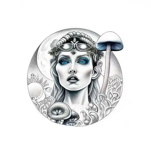 goddess under the moon surrounded by mushrooms tattoo design idea