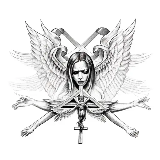 half angel half demon with wings on a crucifix back tattoo tattoo design idea