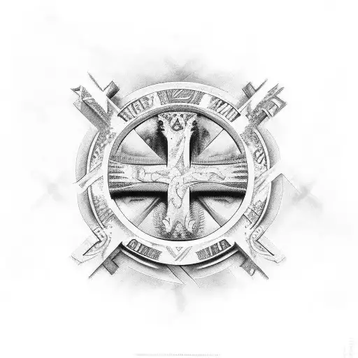 Cross with initials and a image in the background  tattoo design idea