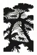 view through two trees one on the left and one on the right, into a scene of a massive battle of multiple werewolves  tattoo design idea