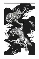 view through two trees one on the left and one on the right, into a scene of a massive battle of multiple werewolves  tattoo design idea