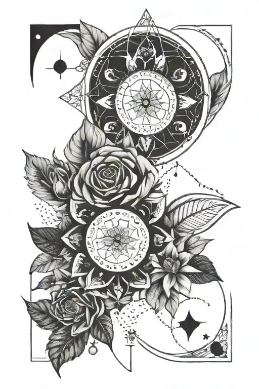 lunar phases, flower surrounded tattoo design idea