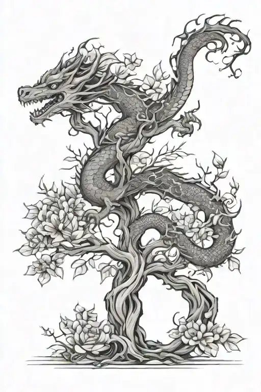 tree, flowers and dragon fine line tattoo tattoo design idea