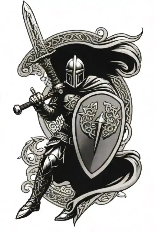 celtic knight holding sword and shield tattoo design idea
