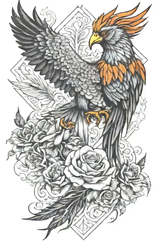 Phoenix, hope and roses tattoo design idea