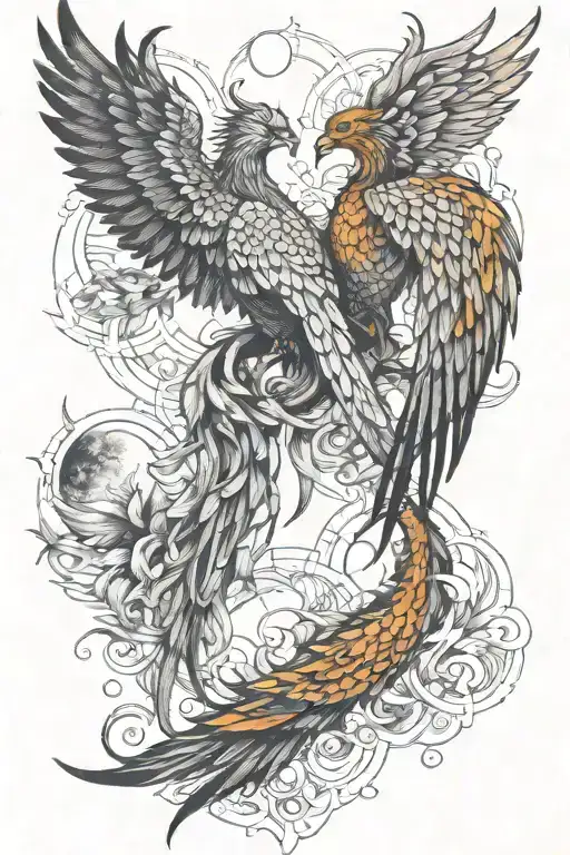 Phoenix, Moon and Angel with Scales tattoo design idea
