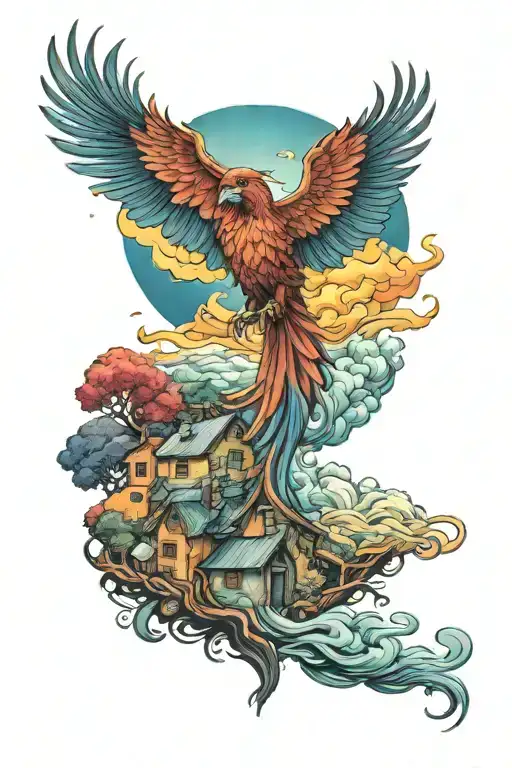 Phoenix and the color Above the village tattoo design idea