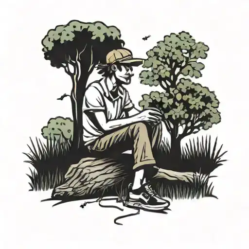 A simplistic cartoon drawing of a little stick figure wearing an English lad cap while sitting under an apple tree  tattoo design idea