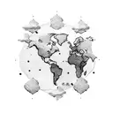 A world map with dotted lines connecting different locations and clouds floating above tattoo design idea