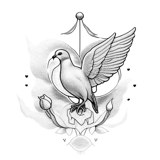 dove with 4 roses. one being lifted into the heavens while the other 3 stay together tattoo design idea