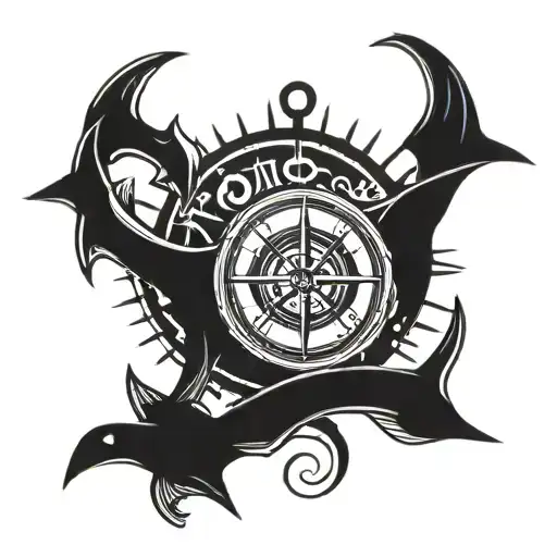Compass pocket watch anchor swallow and mountains tattoo design idea
