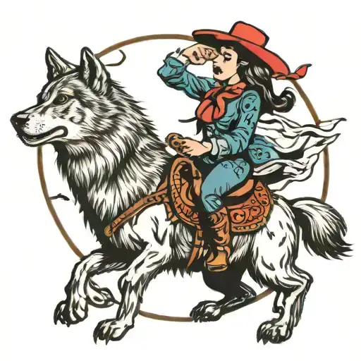 Cowgirl riding the big bad wolf howling at the moon tattoo design idea