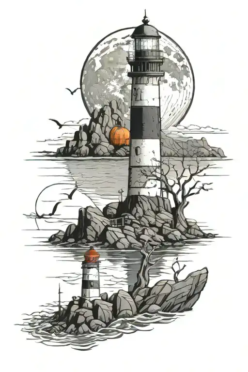 a moon over a lighthouse on a rocky coast with a pumkin patch and a giant squid in the ocean tattoo design idea